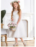 Ivory Beaded Lace Appliques Tulle Tea Length Flower Girl Dress
